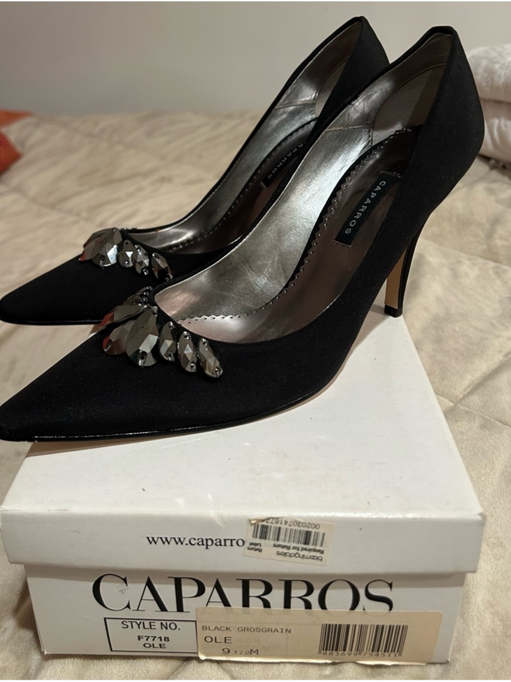 Caparros Black Grosgrain Pointed Toe Pumps with Faceted Crystal Accents